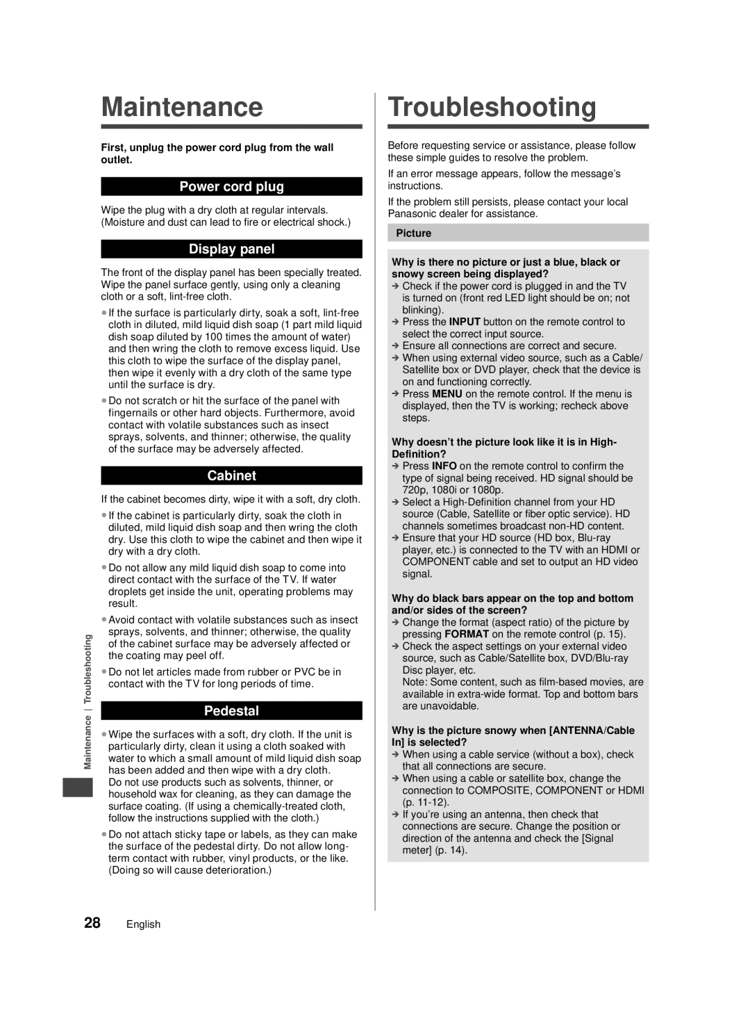 Panasonic TC-40A420U, TC-32A400U, TC-39A400U owner manual Maintenance, Troubleshooting 