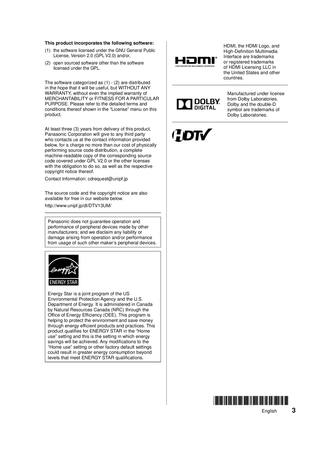 Panasonic TC-32A400U, TC-40A420U, TC-39A400U owner manual This product incorporates the following software 