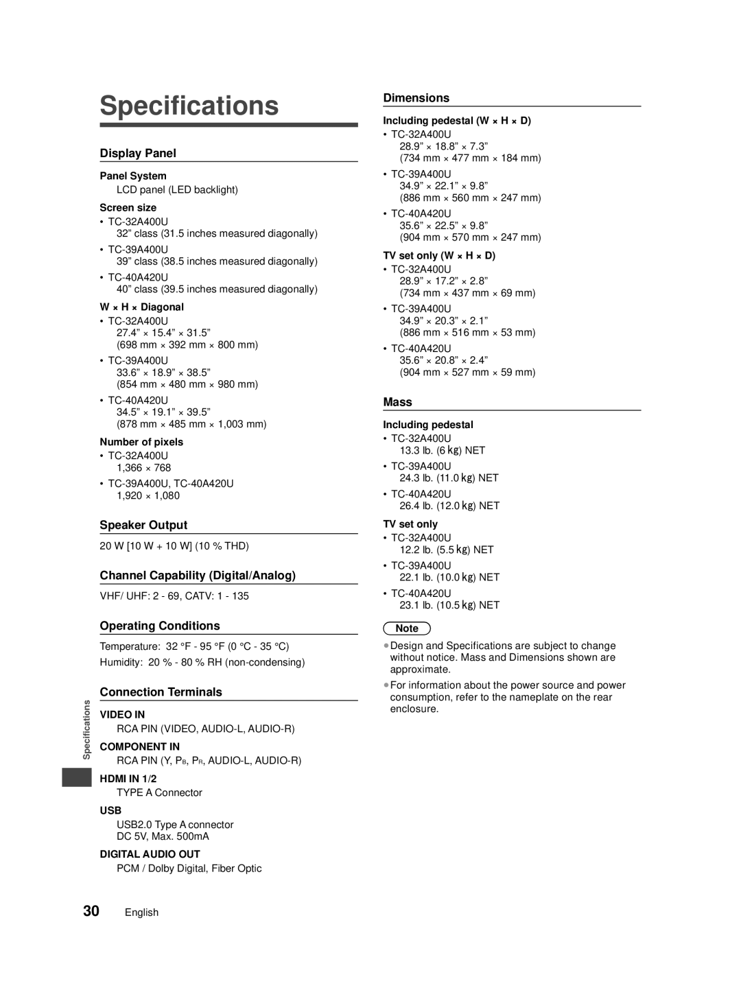 Panasonic TC-32A400U, TC-40A420U, TC-39A400U owner manual Specifications, Video, Component, Hdmi in 1/2, Usb 