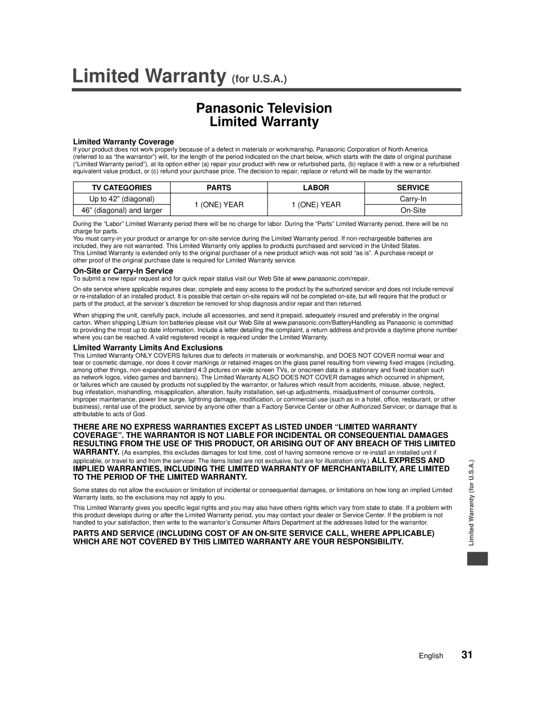 Panasonic TC-40A420U, TC-32A400U Limited Warranty for U.S.A, TV Categories Parts Labor Service, Up to 42 diagonal 