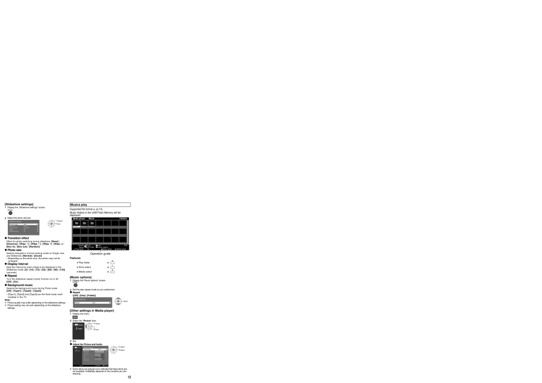 Panasonic TC-L32B6 Slideshow settings,  Transition effect,  Photo size,  Display interval,  Repeat,  Background music 