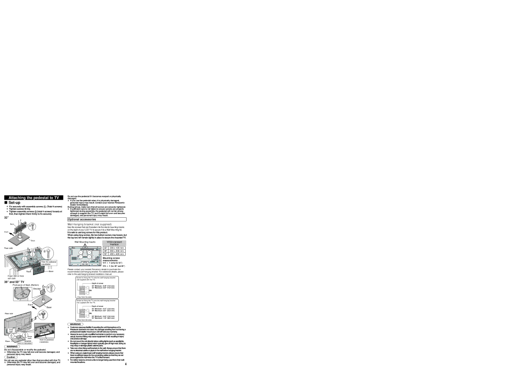 Panasonic TC-L32B6, TC-32LB64 Attaching the pedestal to TV, 50 TV, Personal injury may result Mounting screws measurements 