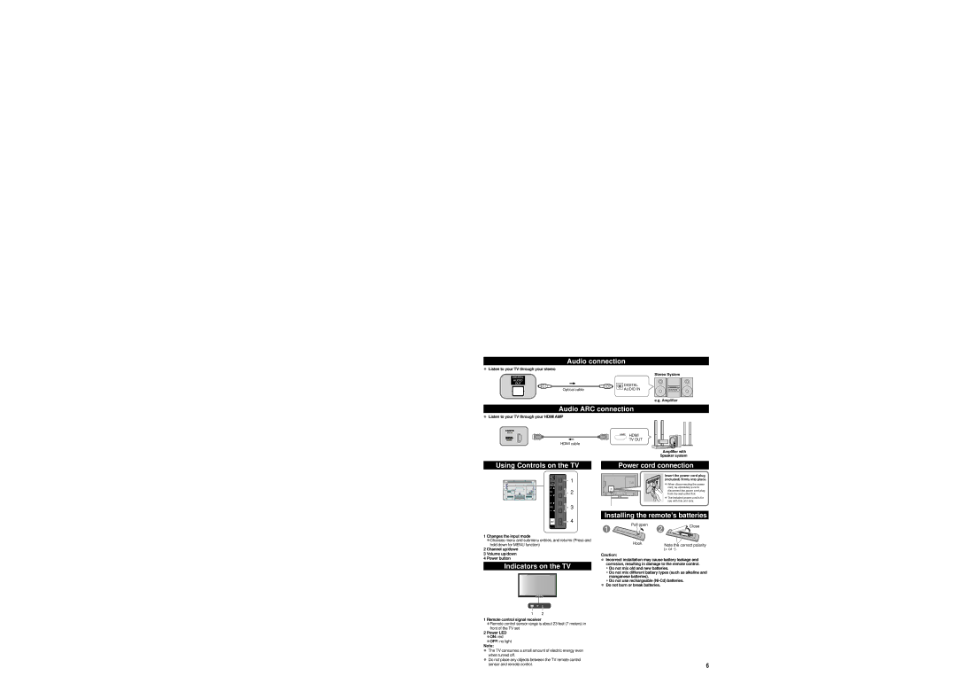 Panasonic TC-L50B6 Audio connection, Audio ARC connection, Using Controls on the TV, Installing the remote’s batteries 
