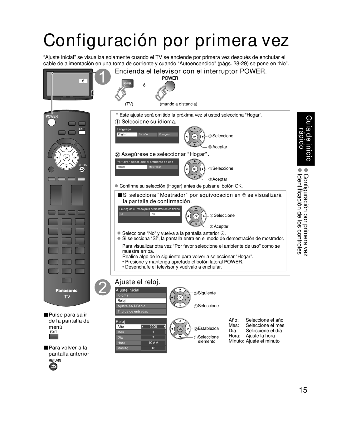 Panasonic TC-32LX14 Configuración por primera vez, Encienda el televisor con el interruptor Power, Ajuste el reloj 