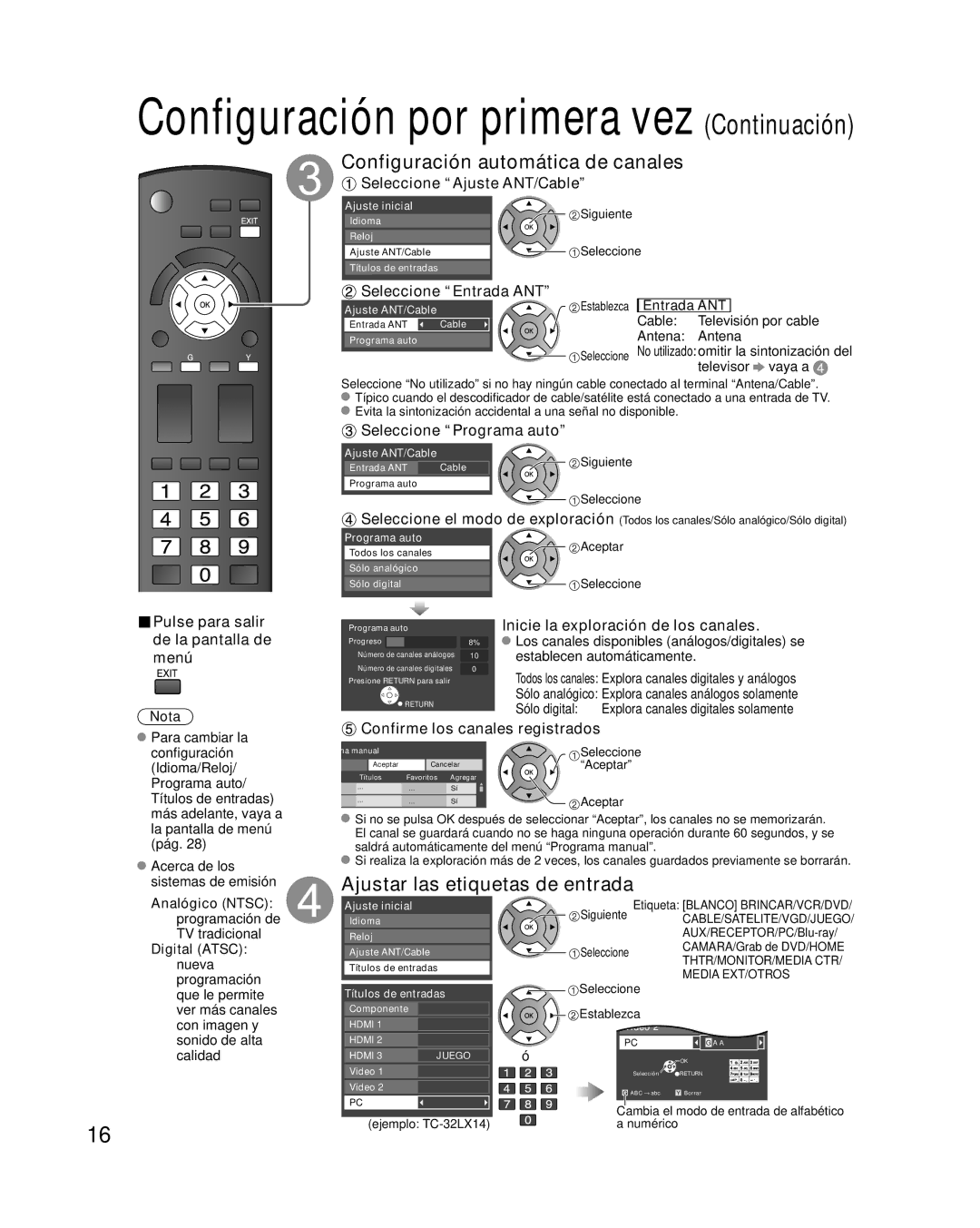 Panasonic TC-32LX14 quick start Configuración automática de canales, Ajustar las etiquetas de entrada 