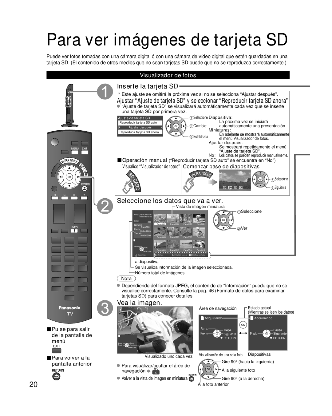 Panasonic TC-32LX14 quick start Para ver imágenes de tarjeta SD, Inserte la tarjeta SD, Seleccione los datos que va a ver 