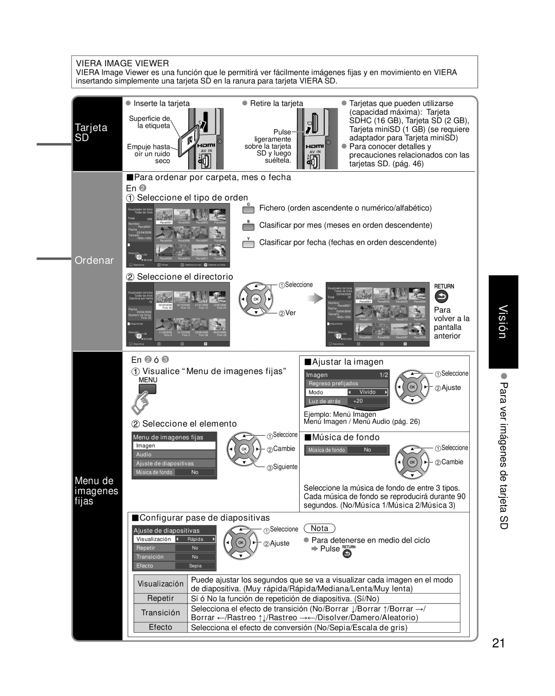 Panasonic TC-32LX14 quick start Tarjeta, Ordenar, Menu de, Imagenes Fijas, Seleccione el directorio 