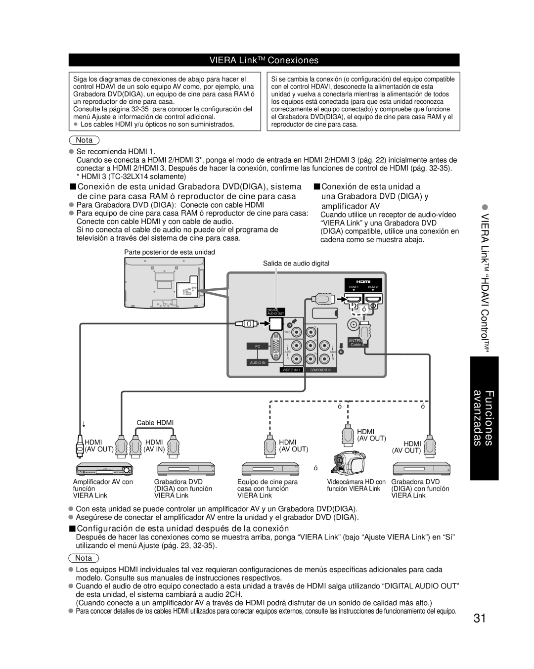 Panasonic TC-32LX14 quick start Viera LinkTM Conexiones, Configuración de esta unidad después de la conexión 