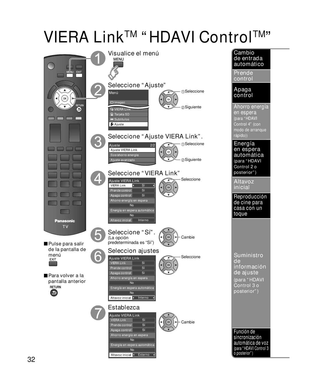 Panasonic TC-32LX14 Seleccion ajustes, Cambio de entrada automático Prende control Apaga control, Altavoz inicial 