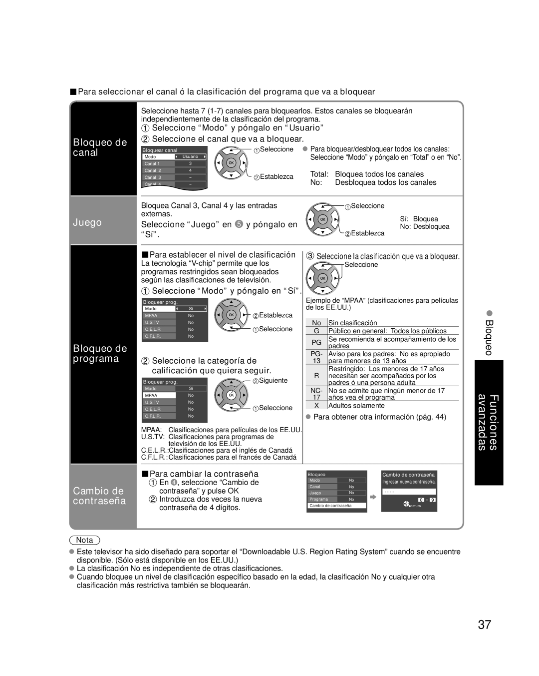 Panasonic TC-32LX14 quick start Bloqueo de canal Juego, Bloqueo de programa, Cambio de contraseña 