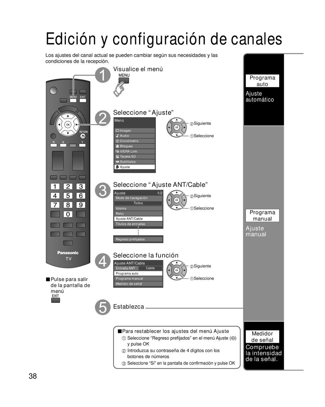 Panasonic TC-32LX14 Seleccione Ajuste ANT/Cable, Ajuste manual, Compruebe la intensidad de la señal, Ajuste automático 