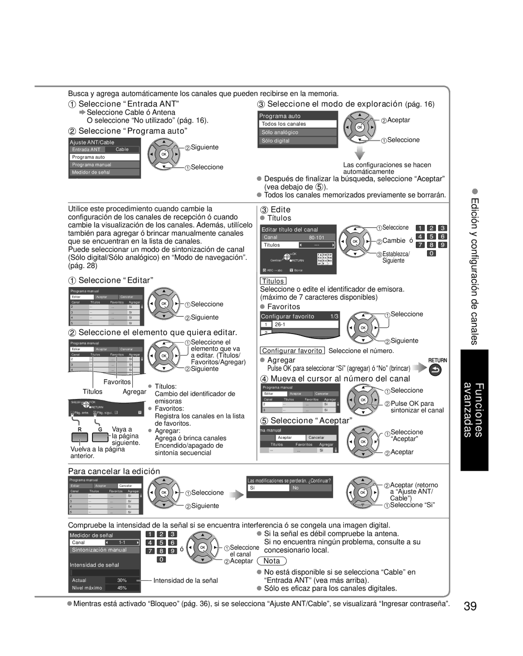 Panasonic TC-32LX14 Seleccione el modo de exploración pág, Seleccione Editar, Seleccione el elemento que quiera editar 