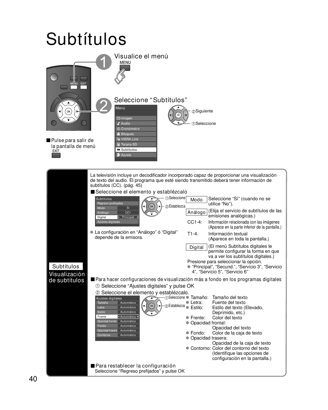 Panasonic TC-32LX14 quick start Visualice el menú Seleccione Subtítulos, Visualización, De subtítulos 