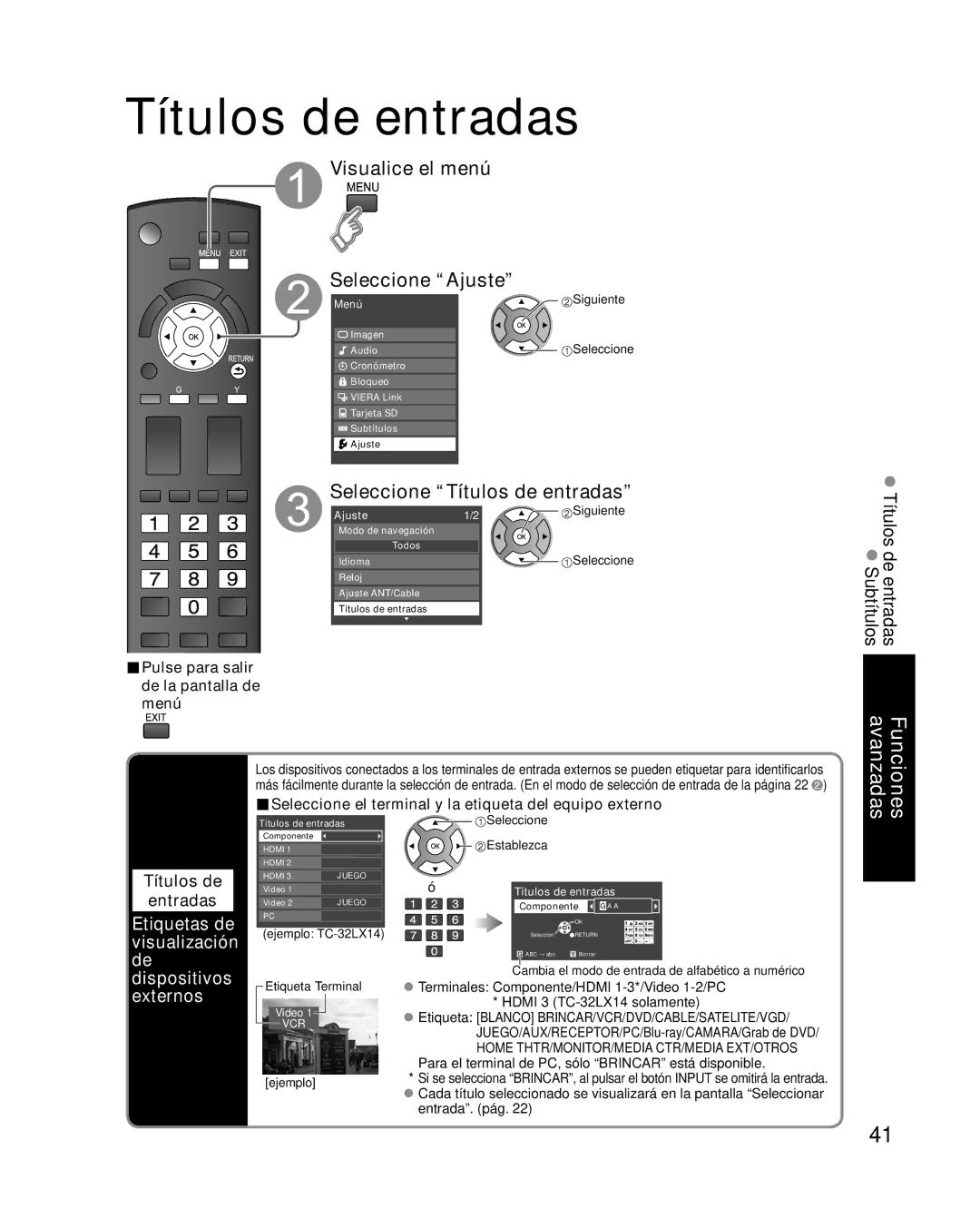 Panasonic TC-32LX14 quick start Seleccione Títulos de entradas, Etiquetas de visualización de, Dispositivos externos 