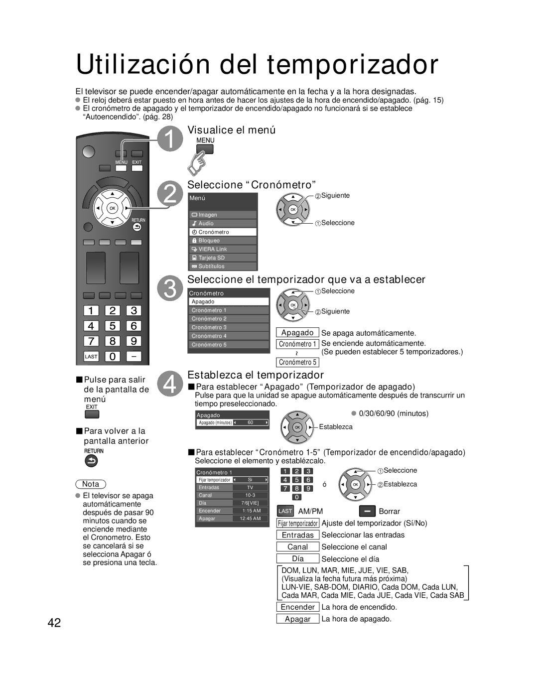 Panasonic TC-32LX14 Utilización del temporizador, Visualice el menú Seleccione Cronómetro, Establezca el temporizador 