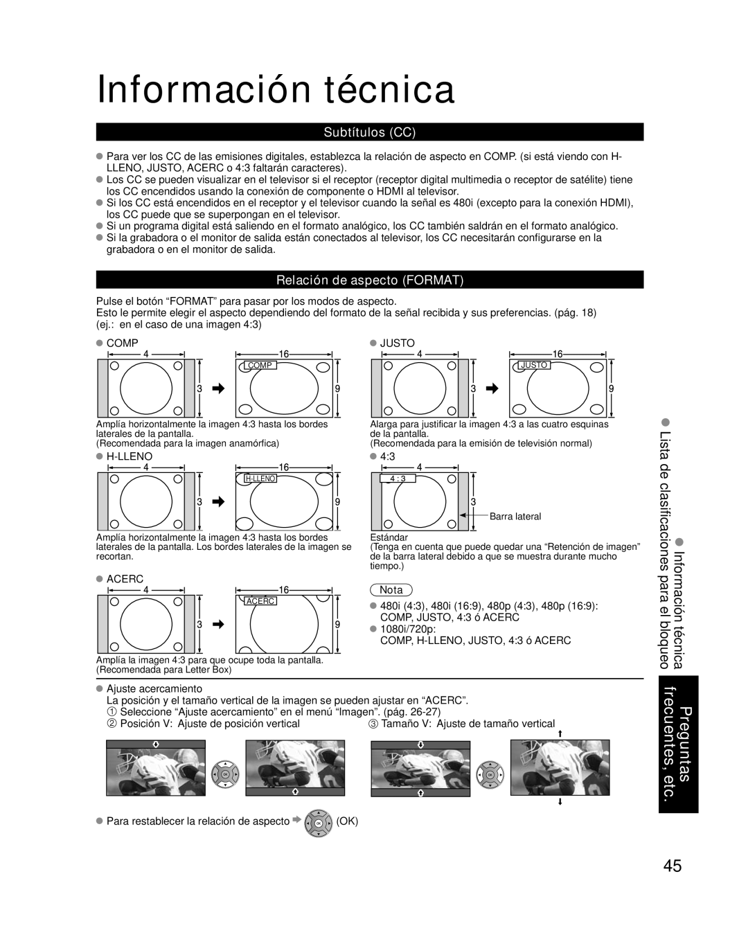 Panasonic TC-32LX14 quick start Información técnica, Subtítulos CC, Relación de aspecto Format 