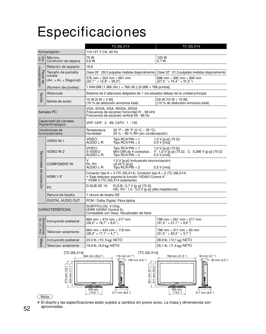 Panasonic TC-32LX14 quick start Especificaciones 