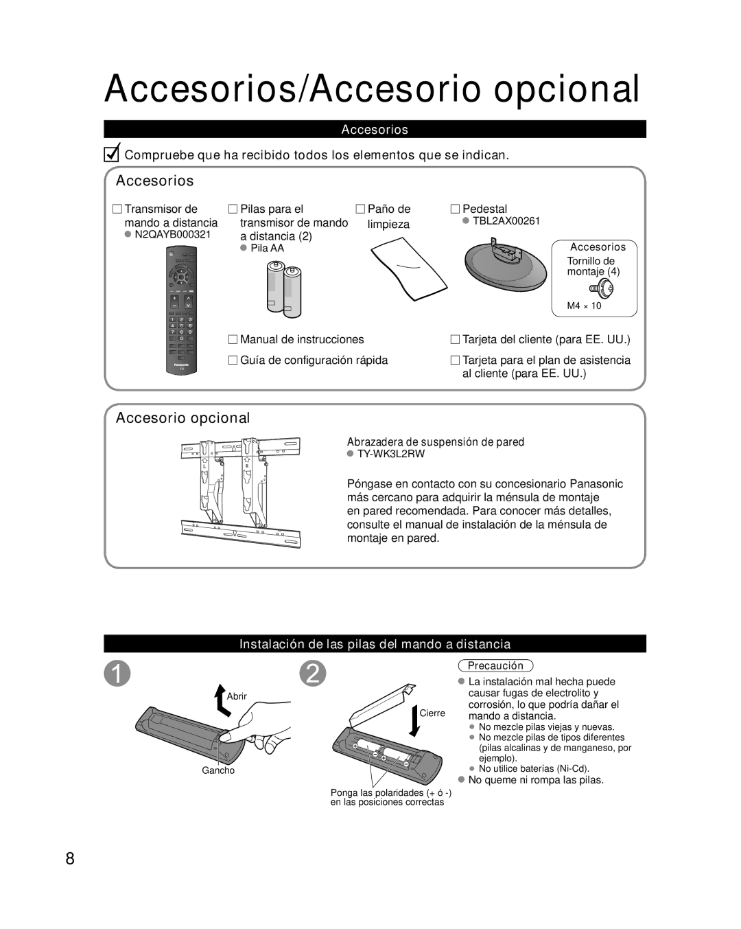 Panasonic TC-32LX14 quick start Accesorios/Accesorio opcional, Instalación de las pilas del mando a distancia 