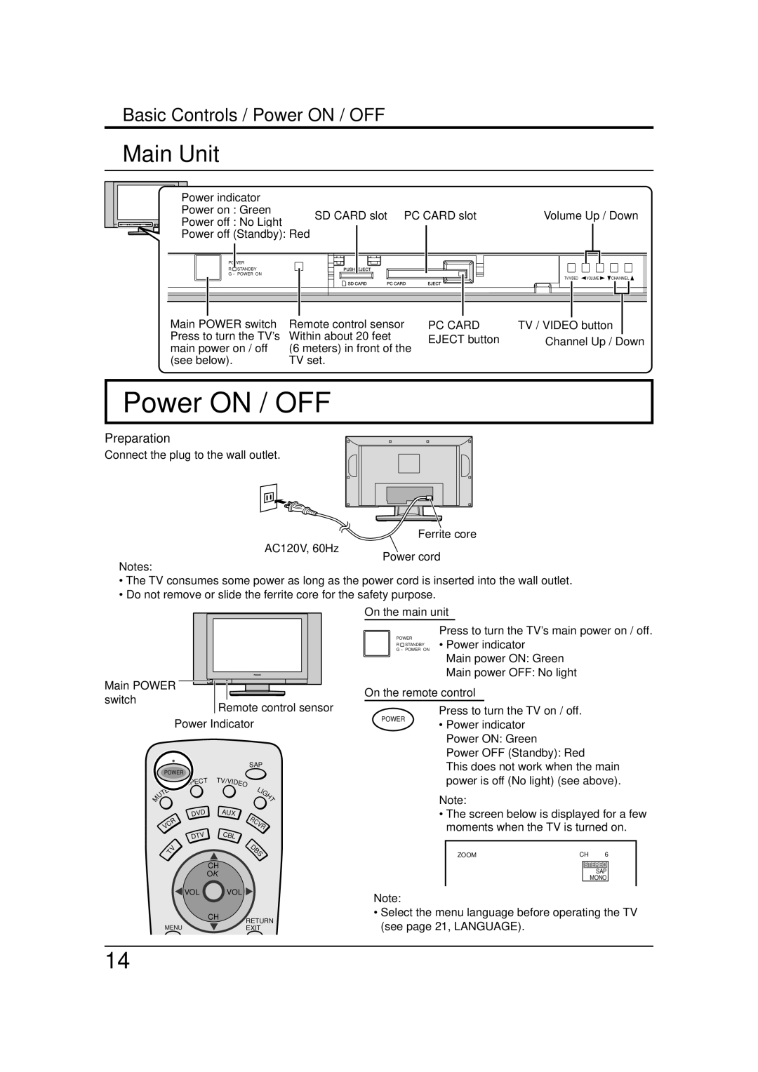 Panasonic TC 32LX20, TC 26LX20 manual Power on / OFF, Main Unit, PC Card 