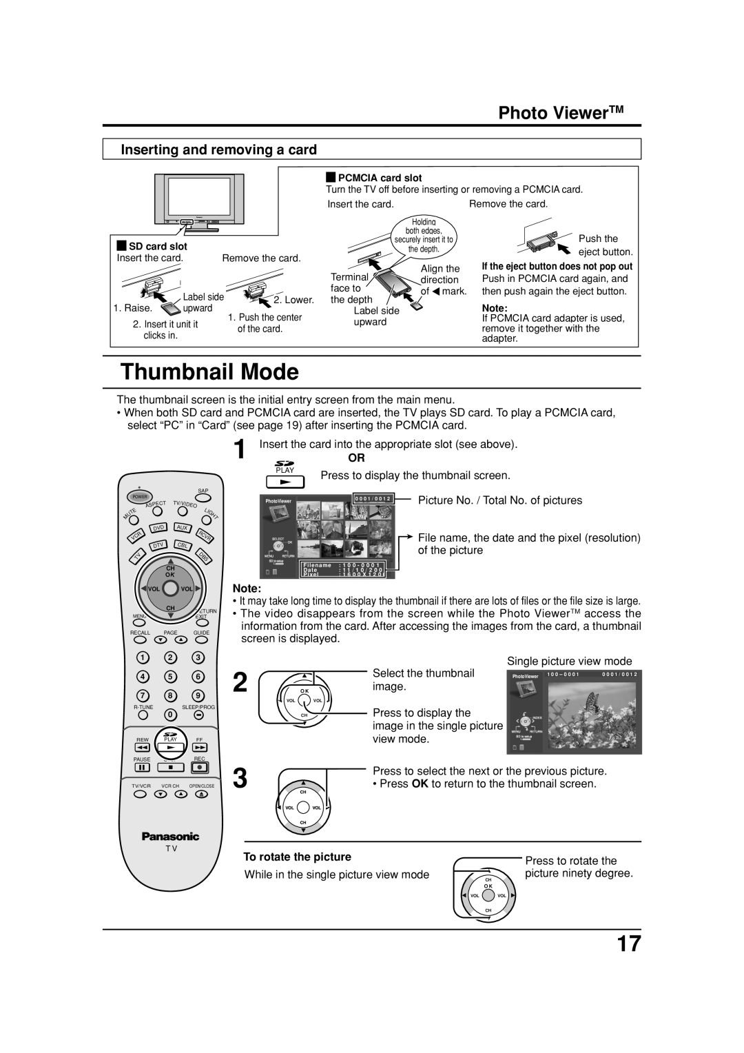 Panasonic TC 26LX20, TC 32LX20 manual Thumbnail Mode, Inserting and removing a card, To rotate the picture 