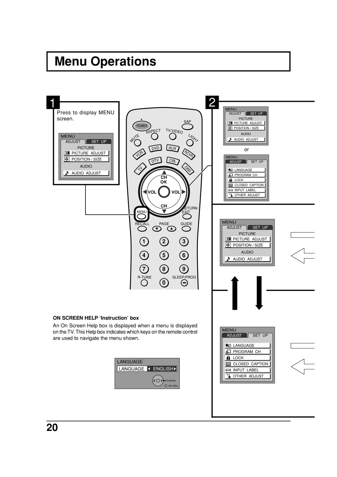 Panasonic TC 32LX20, TC 26LX20 manual Menu Operations, Press to display Menu screen, Dbs, On Screen Help ‘Instruction’ box 