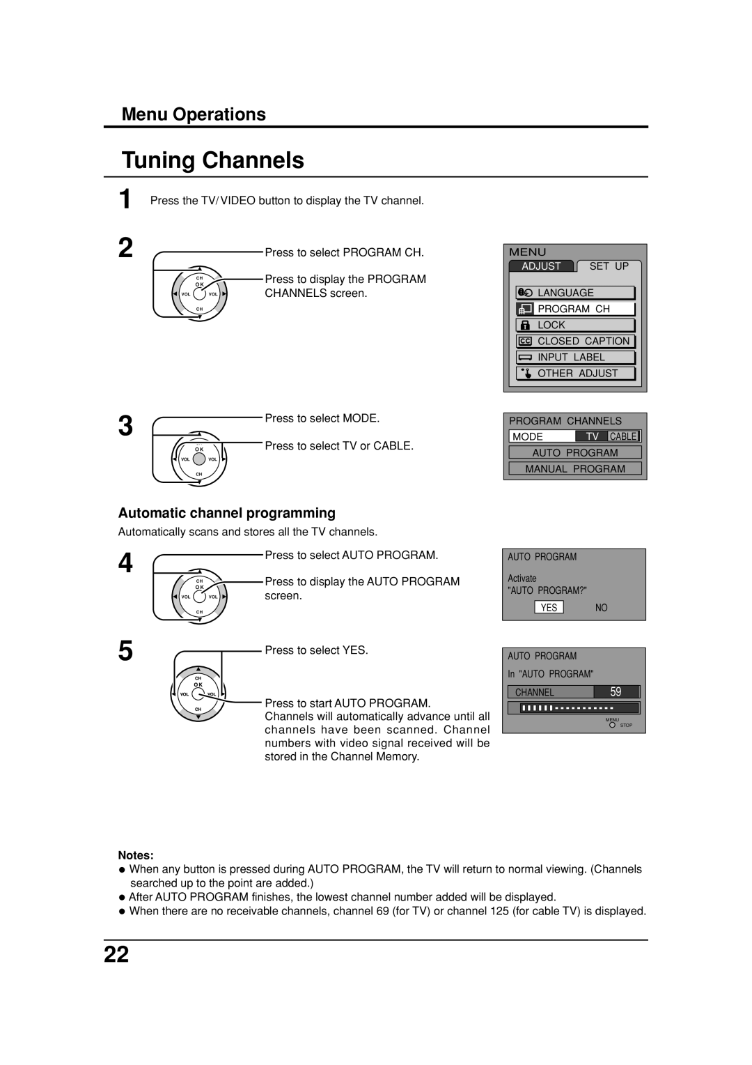 Panasonic TC 32LX20, TC 26LX20 manual Tuning Channels, Press to select Program CH, Channels screen, Press to select Mode 