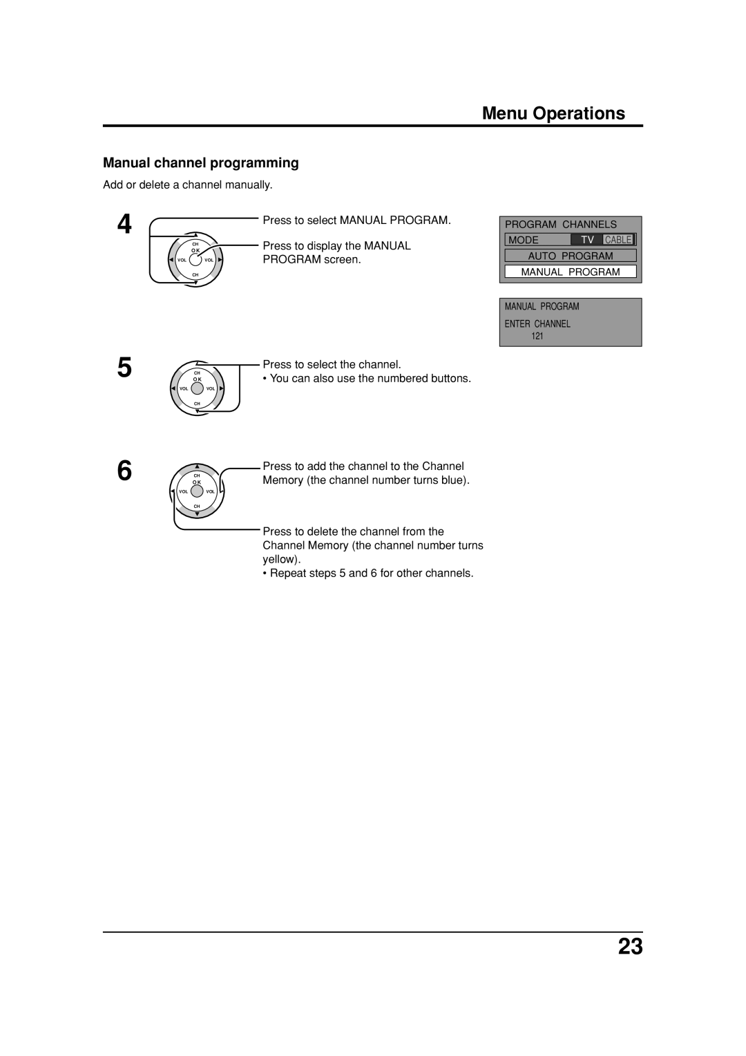 Panasonic TC 26LX20, TC 32LX20 Manual channel programming, Add or delete a channel manually 