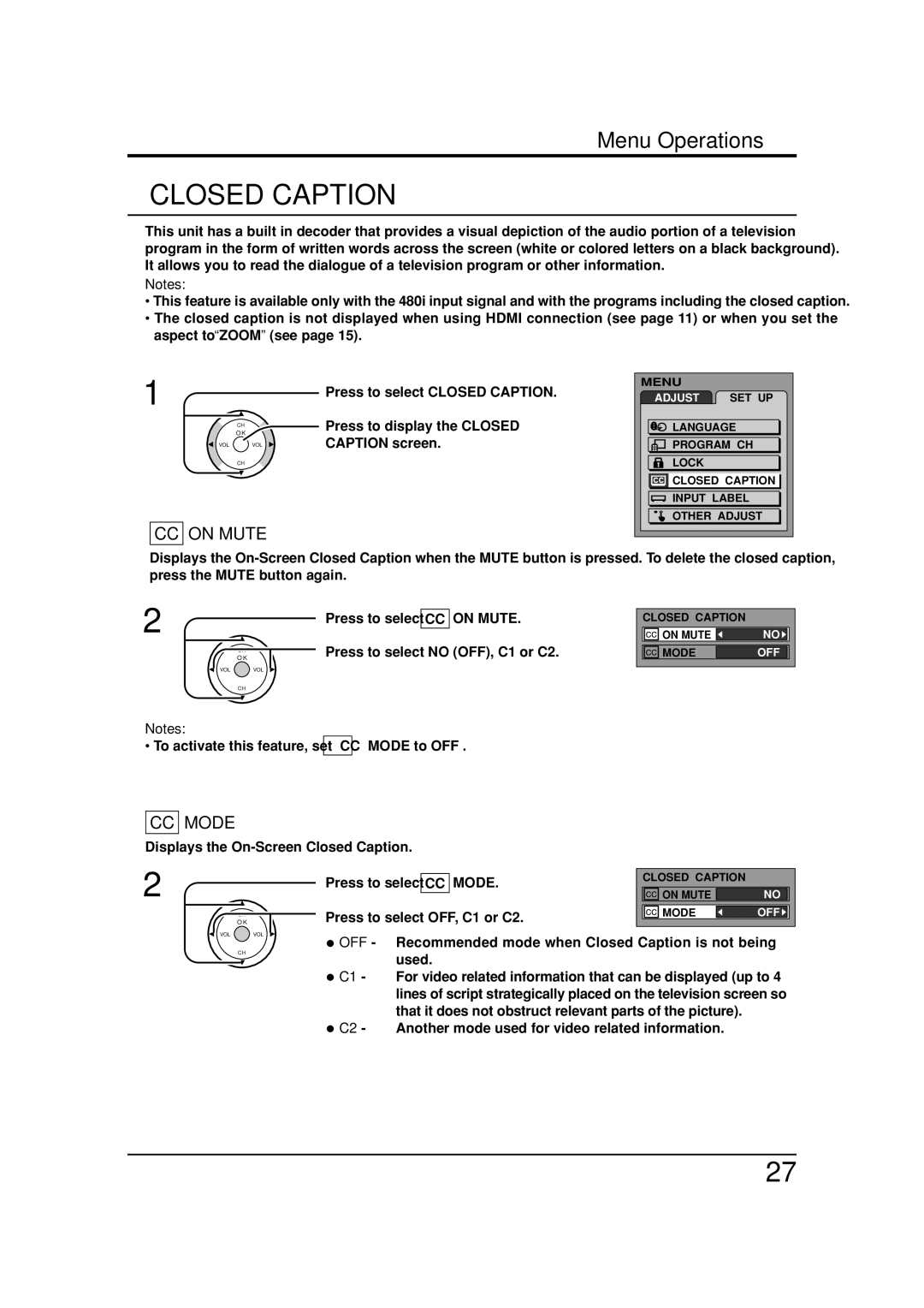 Panasonic TC 26LX20, TC 32LX20 manual Press to select CC on Mute, Mode 