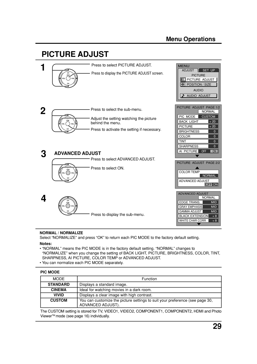 Panasonic TC 26LX20, TC 32LX20 manual Normal / Normalize, PIC Mode, Standard, Cinema, Vivid, Custom 