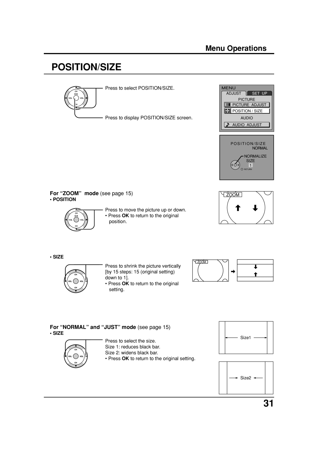 Panasonic TC 26LX20, TC 32LX20 manual Press to select POSITION/SIZE, Press to display POSITION/SIZE screen, Position, Size 