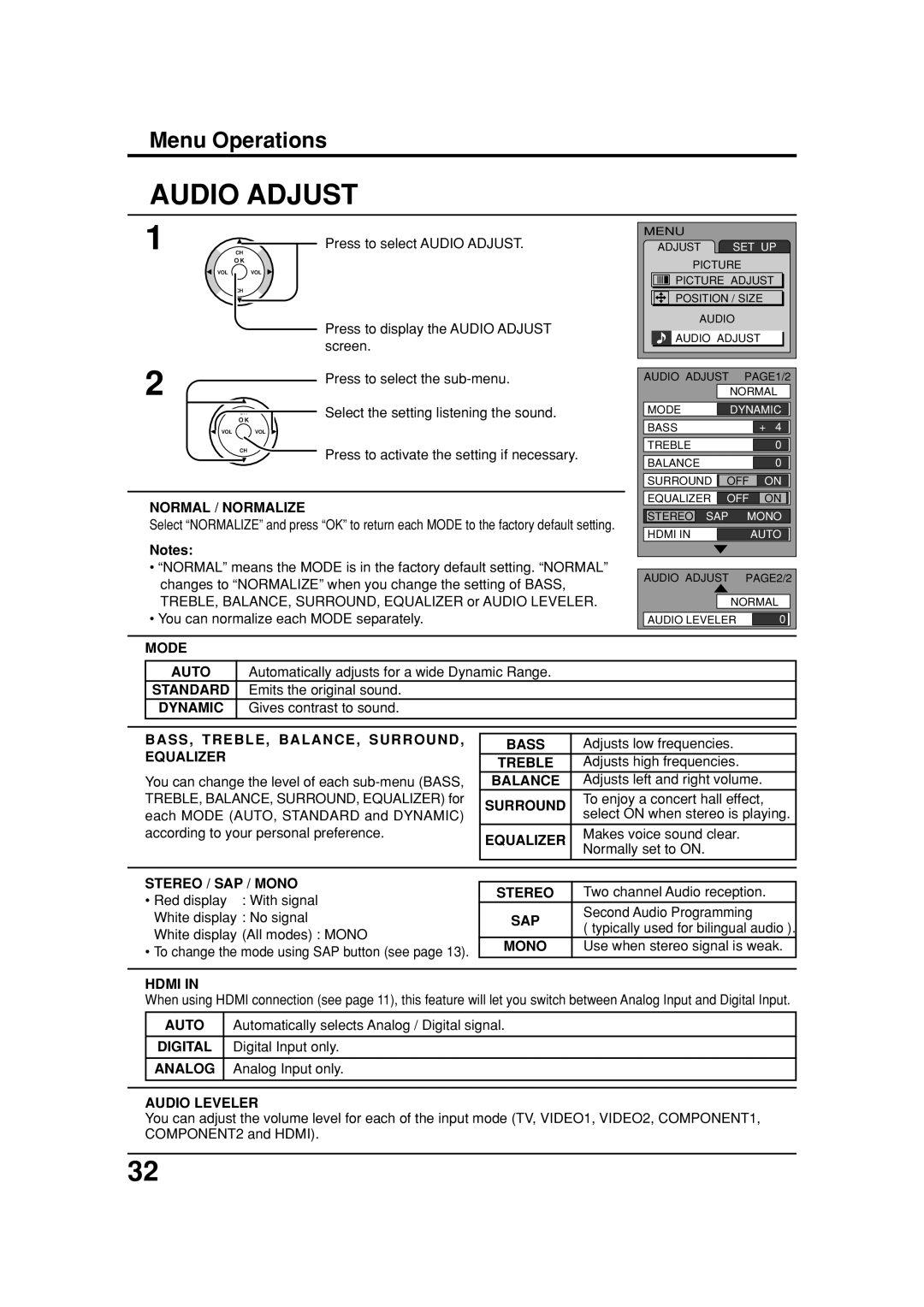 Panasonic TC 32LX20 Mode Auto, Dynamic, BASS, TREBLE, BALANCE, SURROUND, Equalizer, Bass, Treble, Balance, Surround, Sap 