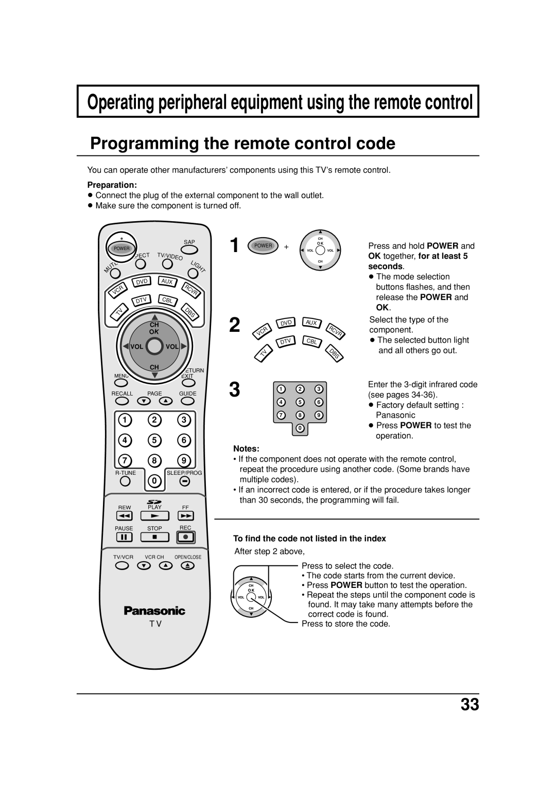 Panasonic TC 26LX20, TC 32LX20 manual Programming the remote control code 