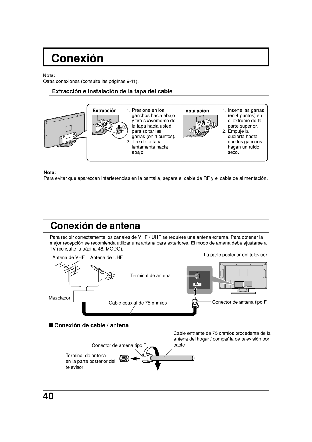 Panasonic TC 32LX20 Conexión de antena, Extracción e instalación de la tapa del cable, Conexión de cable / antena 