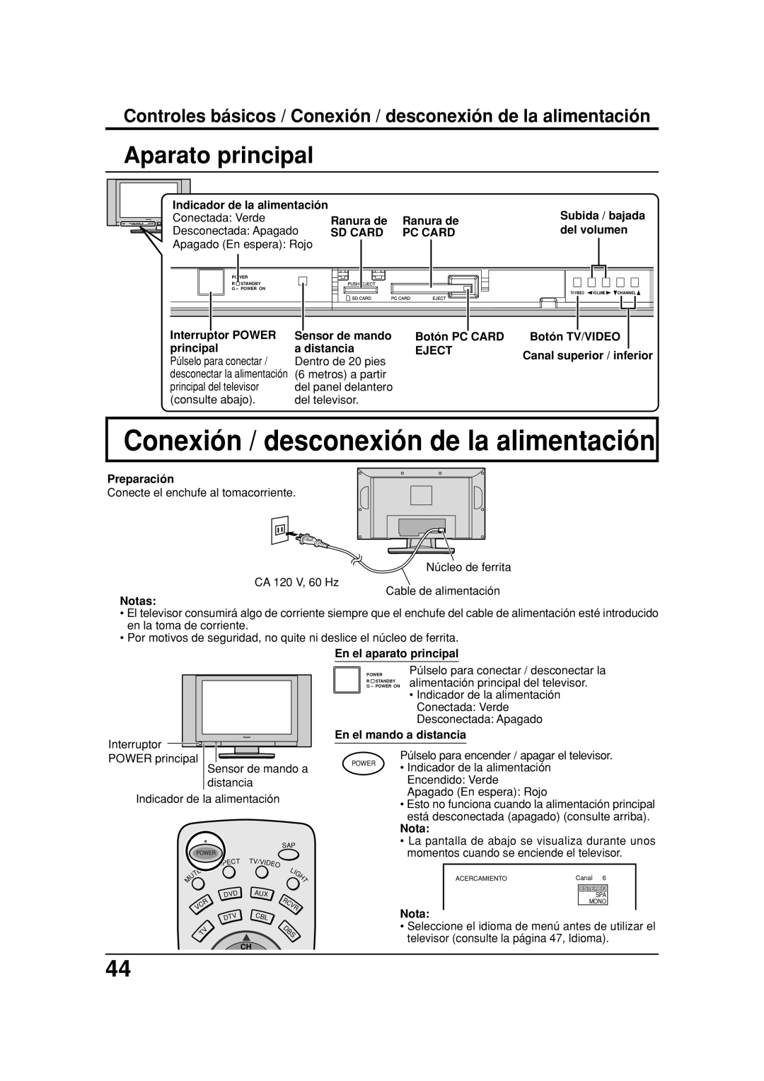 Panasonic TC 32LX20, TC 26LX20 manual Conexión / desconexión de la alimentación, Aparato principal, SD Card PC Card, Eject 