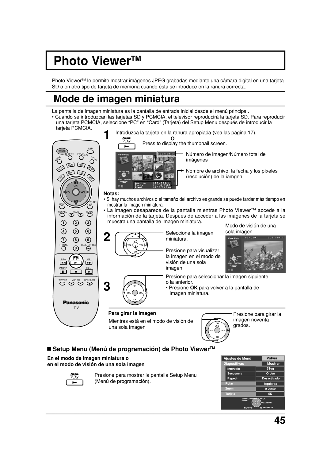 Panasonic TC 26LX20 Mode de imagen miniatura, Setup Menu Menú de programación de Photo ViewerTM, Para girar la imagen 