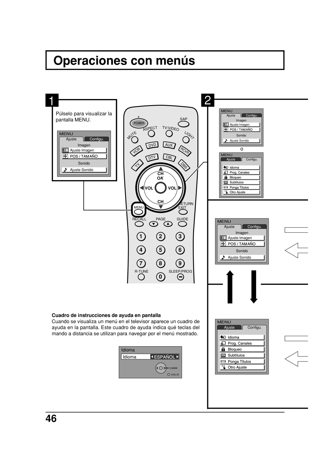 Panasonic TC 32LX20, TC 26LX20 manual Operaciones con menús, Púlselo para visualizar la pantalla Menu 