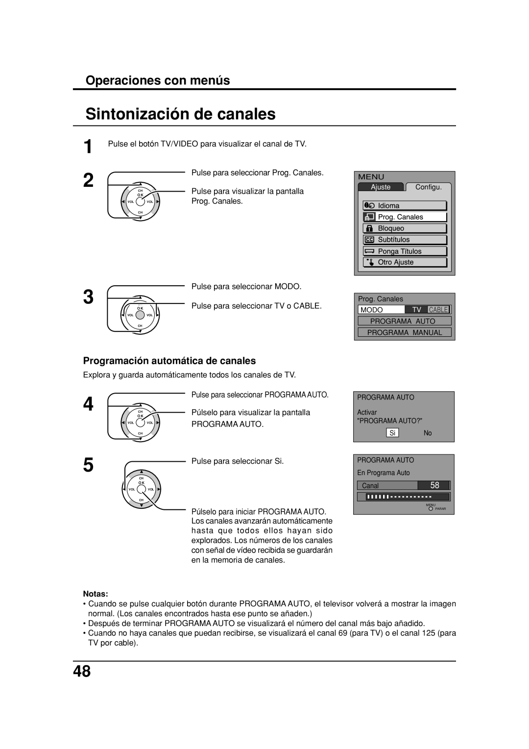 Panasonic TC 32LX20, TC 26LX20 Sintonización de canales, Programación automática de canales, Prog. Canales, Programa Auto 