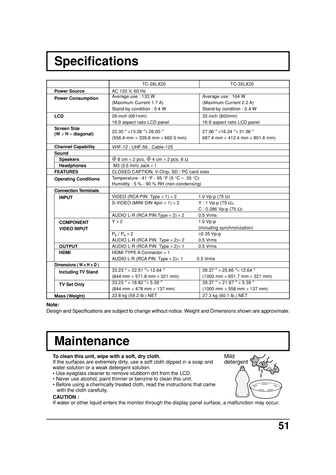 Panasonic TC 26LX20, TC 32LX20 manual Specifications, Maintenance, To clean this unit, wipe with a soft, dry cloth 