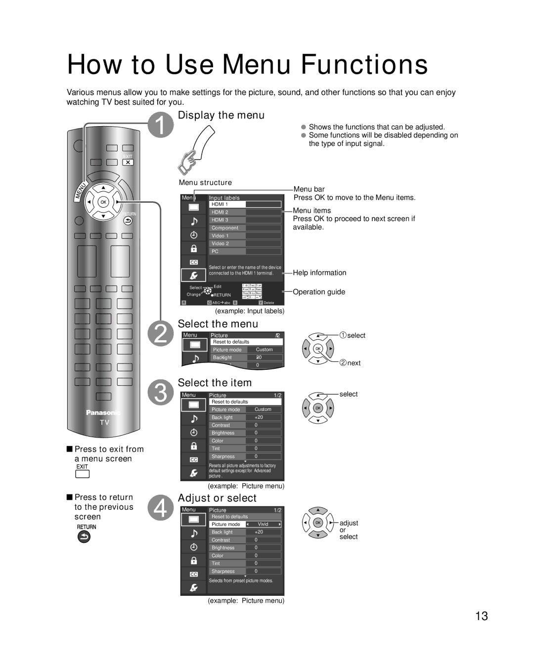 Panasonic TC-32LX24 How to Use Menu Functions, Display the menu, Adjust or select, Press to return to the previous screen 