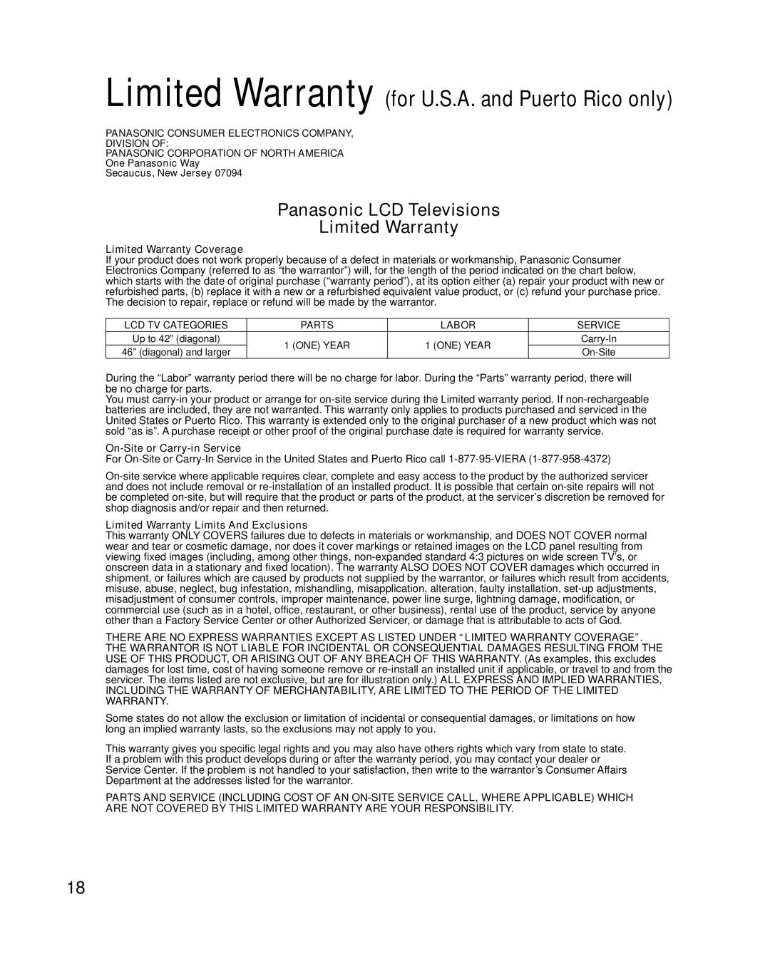 Panasonic TC-32LX24 warranty Limited Warranty Coverage, On-Site or Carry-in Service, Limited Warranty Limits And Exclusions 