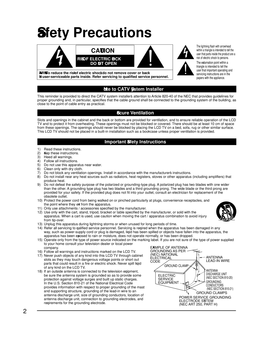 Panasonic TC-32LX24 warranty Safety Precautions, Secure Ventilation, Important Safety Instructions 