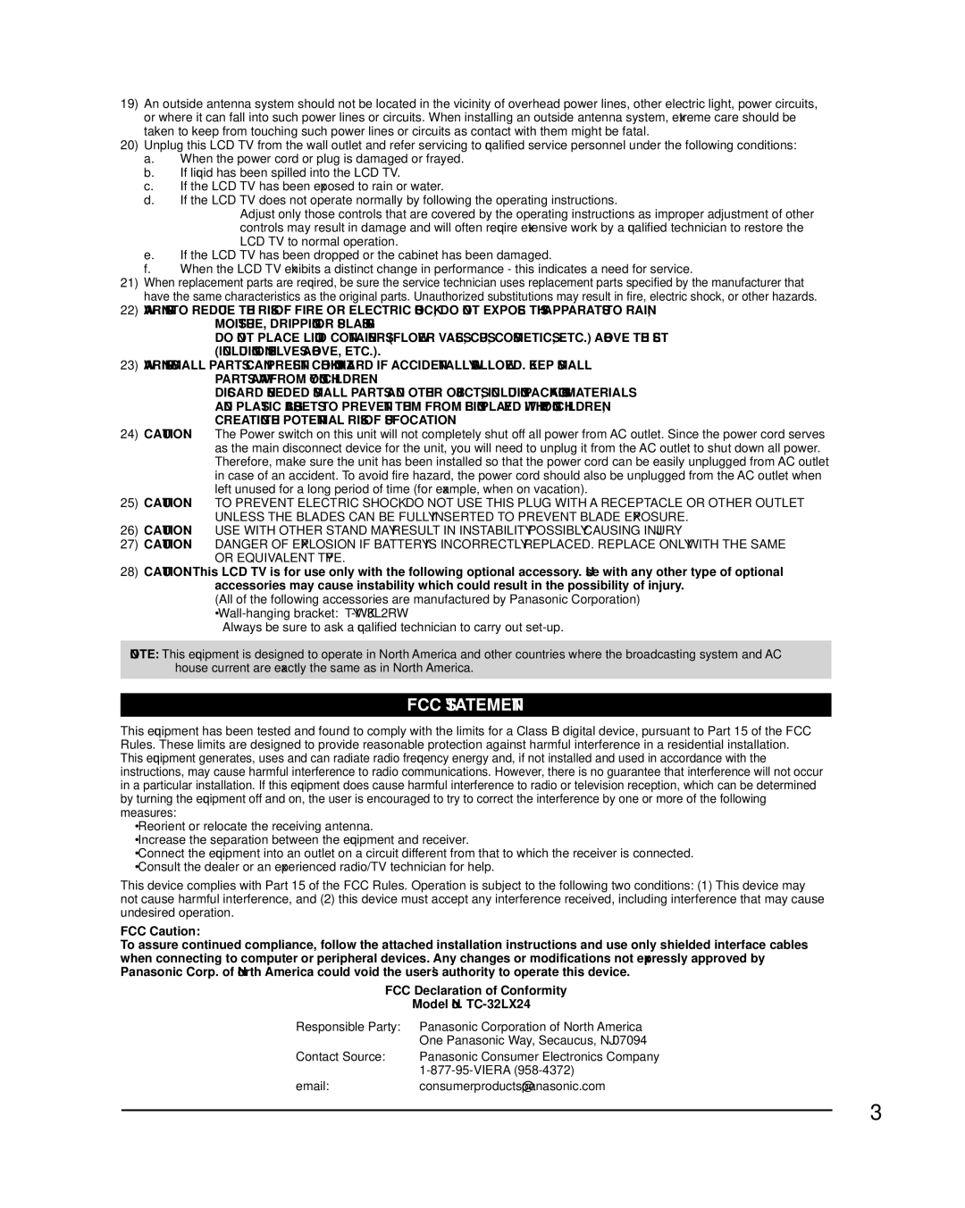 Panasonic TC-32LX24 warranty FCC Statement 