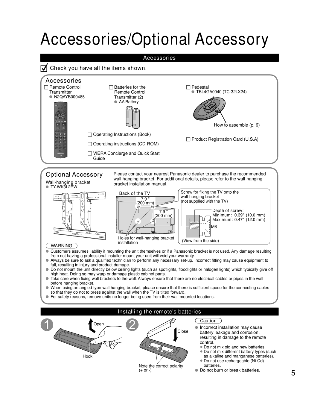 Panasonic TC-32LX24 warranty Accessories/Optional Accessory, Installing the remote’s batteries 