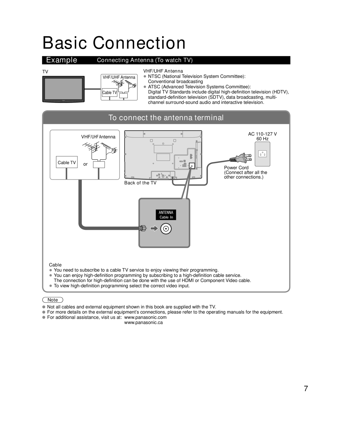 Panasonic TC-32LX24 warranty Basic Connection, Connecting Antenna To watch TV, VHF/UHF Antenna, Cable 