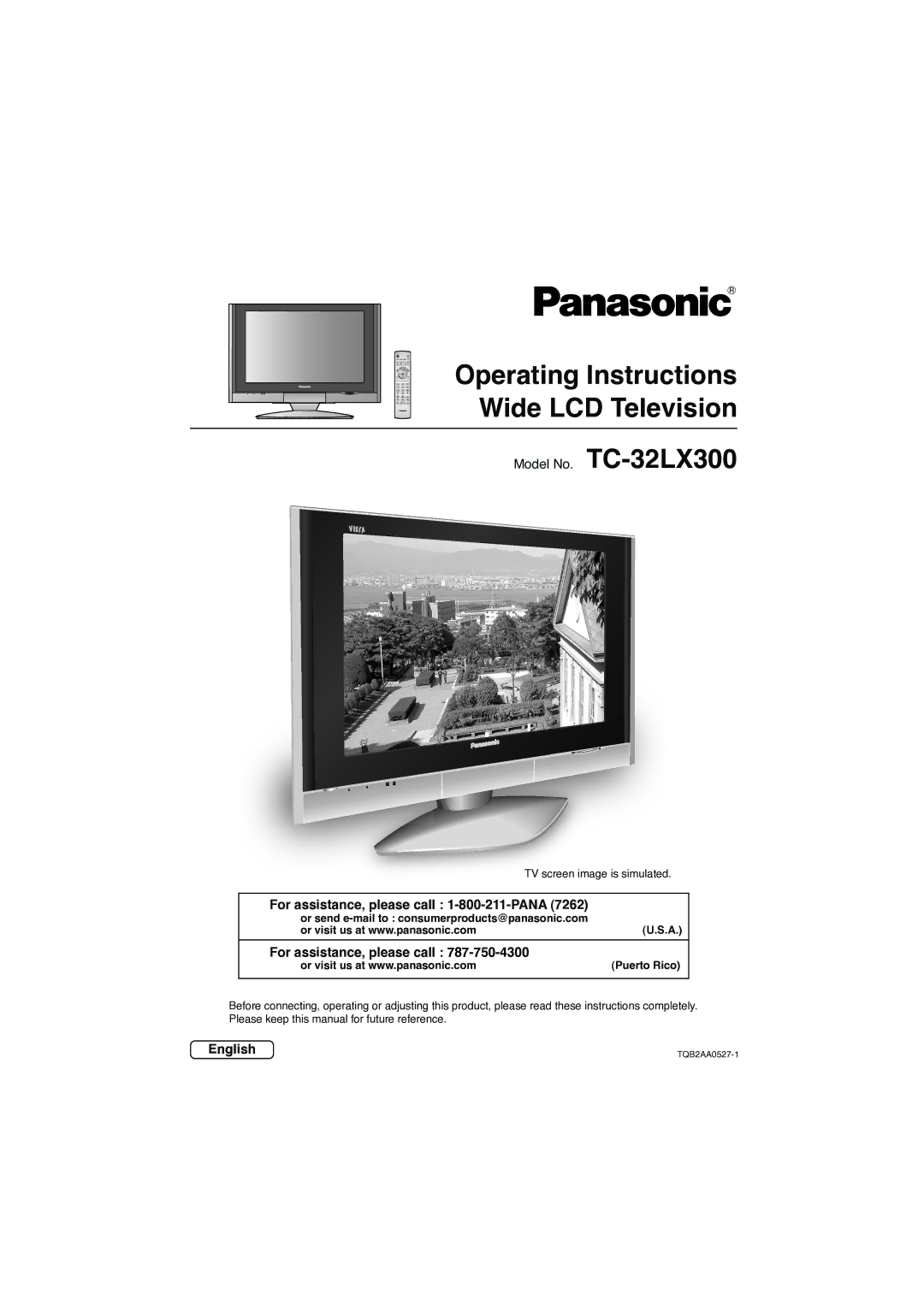 Panasonic TC-32LX300 manual For assistance, please call 1-800-211-PANA, English 