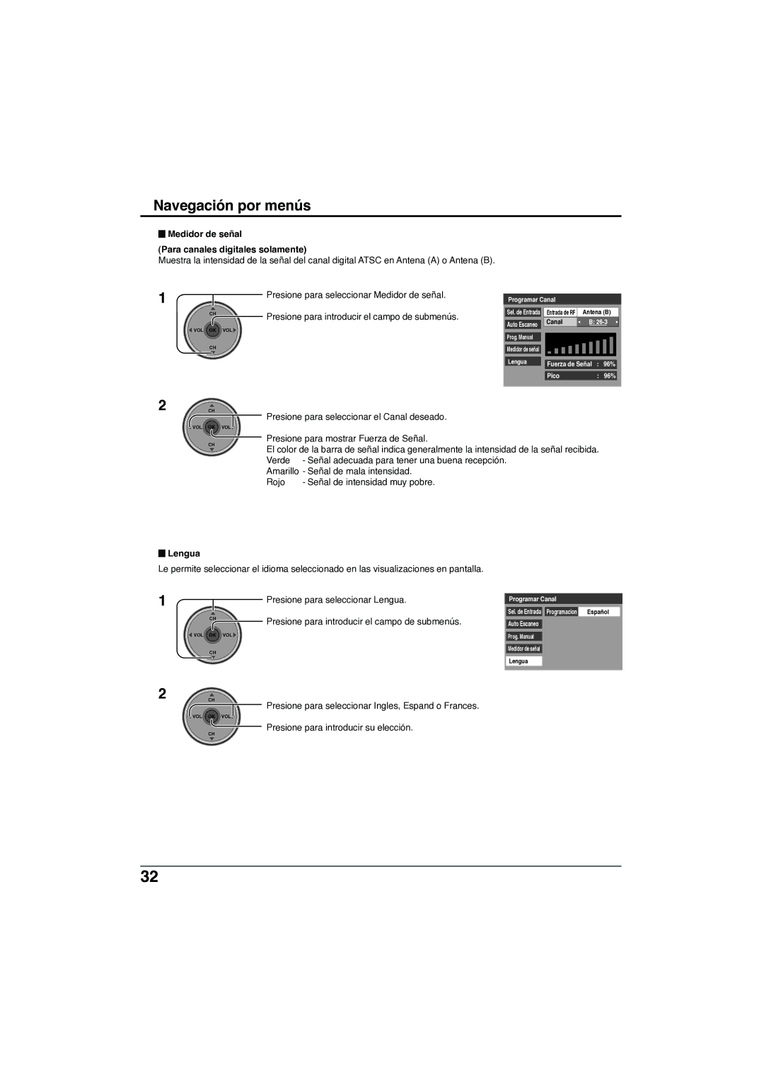 Panasonic TC-32LX300 manual Medidor de señal Para canales digitales solamente, Lengua 