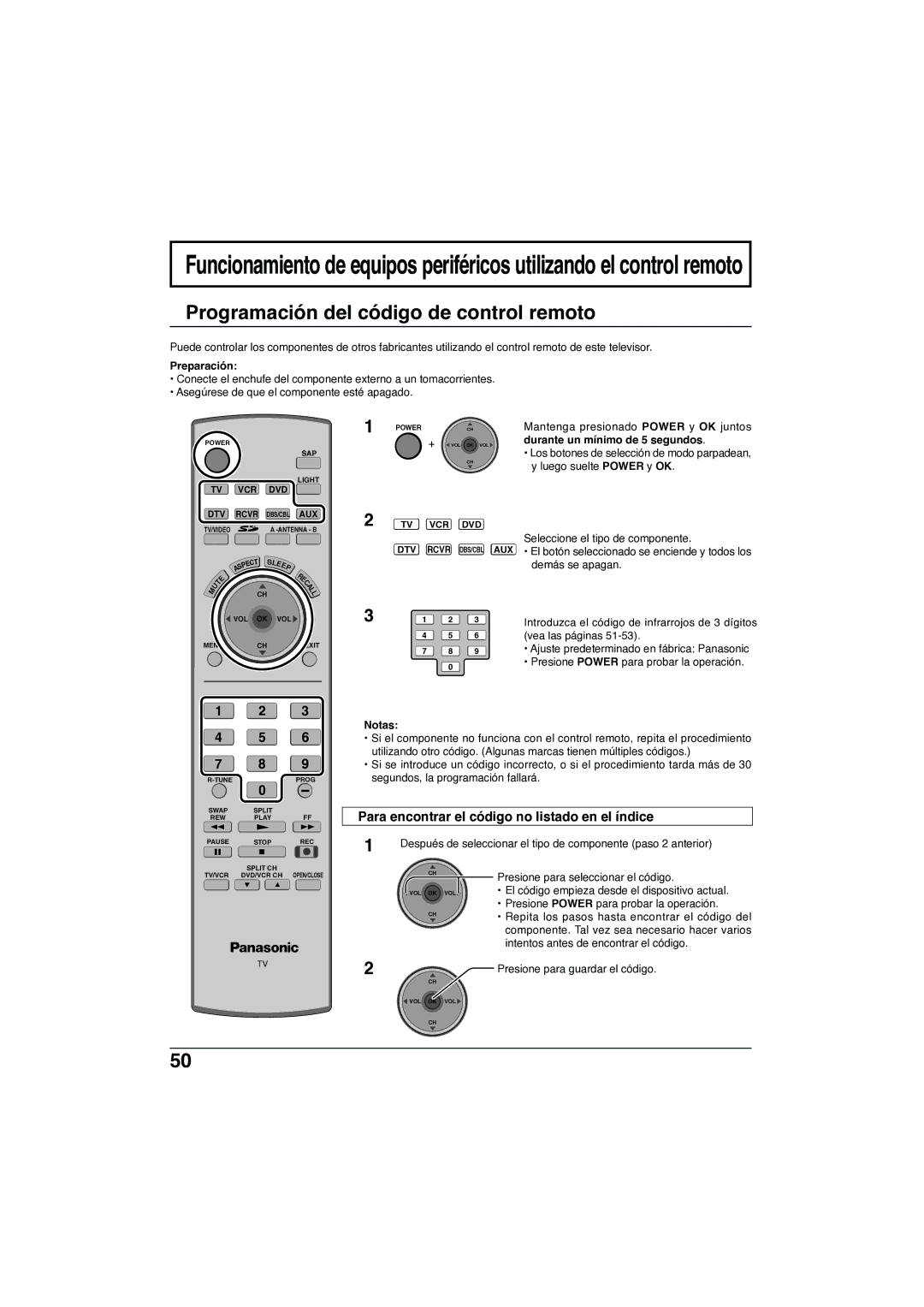 Panasonic TC-32LX300 manual Programación del código de control remoto, Para encontrar el código no listado en el índice 