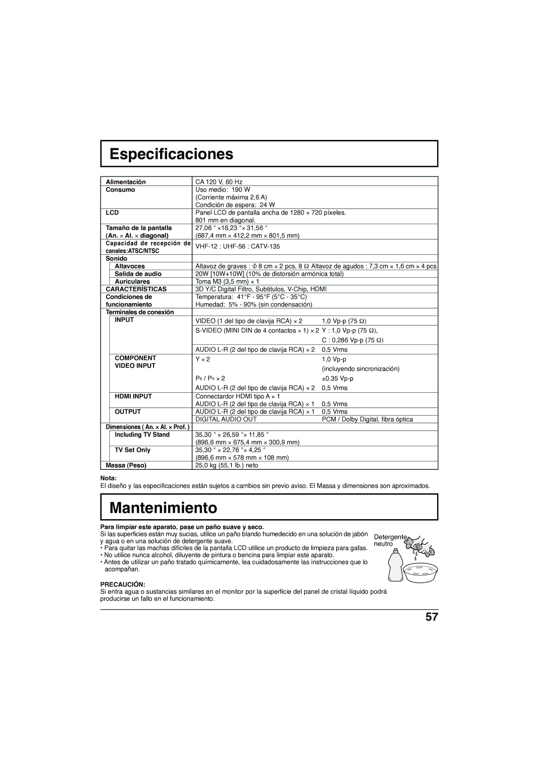 Panasonic TC-32LX300 manual Especificaciones, Mantenimiento 