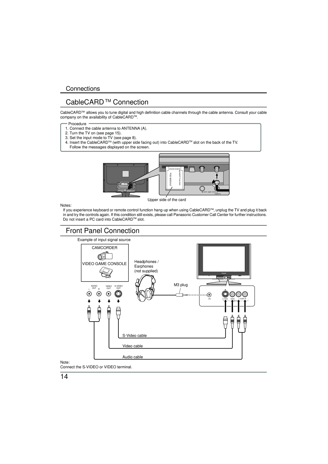 Panasonic TC-32LX300 manual CableCARDTM Connection, Front Panel Connection, Procedure 