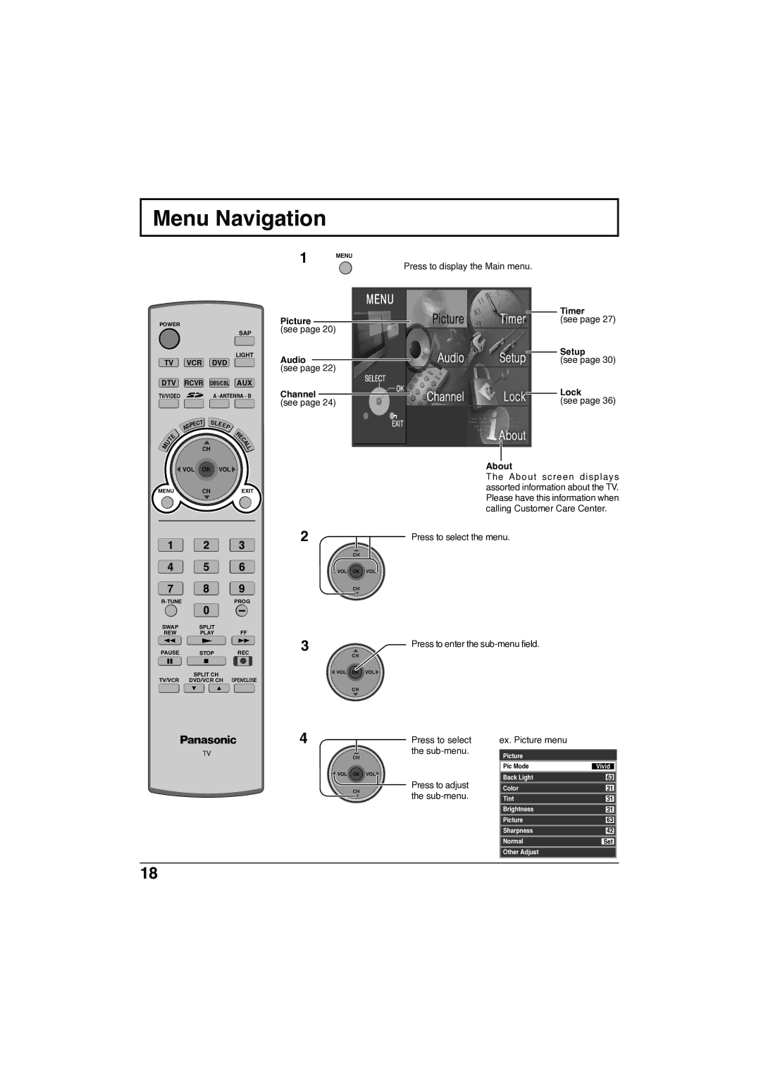 Panasonic TC-32LX300 manual Menu Navigation, Press to select Ex. Picture menu Sub-menu, Press to adjust 